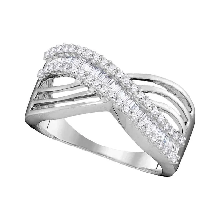 mayamila Rings 10kt White Gold Womens Round Baguette Diamond Strand Crossover Band Ring 12 Cttw mayamila Rings 10kt White Gold Womens Round Baguette Diamond Strand Crossover Band Ring 12 Cttw