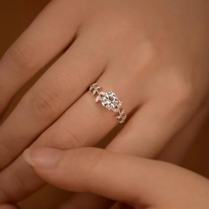 Rings shineofdiamond Leaf Design Round Cut Engagement Ring in Sterling Silver