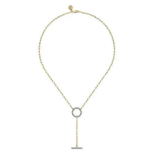 GABRIEL CO Necklaces 14K Yellow Gold Diamond Circle and Bar YKnot Necklace with Hollow Paperclip Chain