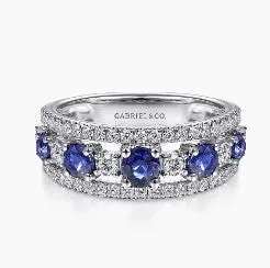 GABRIEL CO Rings 14K White Gold Round Sapphire and Diamond Ring