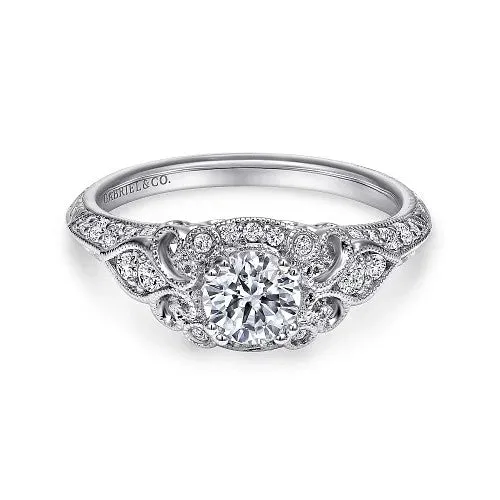 Rings Abel Unique 14K White Gold Vintage Inspired Diamond Halo Engagement Ring Setting Only GABRIEL CO