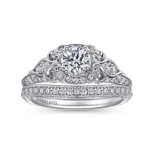 Rings Abel Unique 14K White Gold Vintage Inspired Diamond Halo Engagement Ring Setting Only GABRIEL CO Rings Abel Unique 14K White Gold Vintage Inspired Diamond Halo Engagement Ring Setting Only GABRIEL CO
