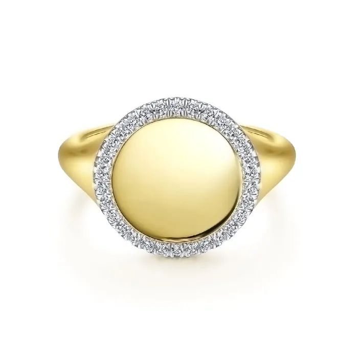 Rings GABRIEL CO 14K Yellow Gold Pinky Signet Ring with Diamond Halo