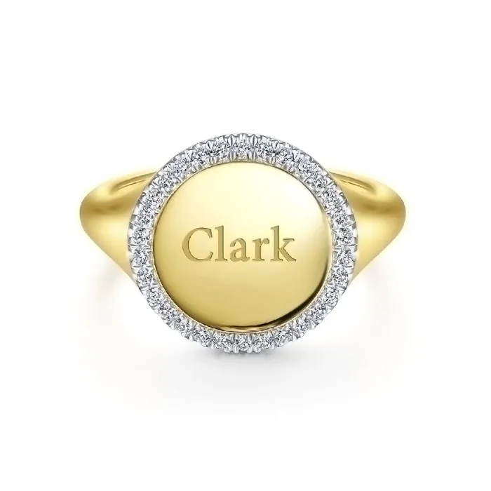 Rings GABRIEL CO 14K Yellow Gold Pinky Signet Ring with Diamond Halo