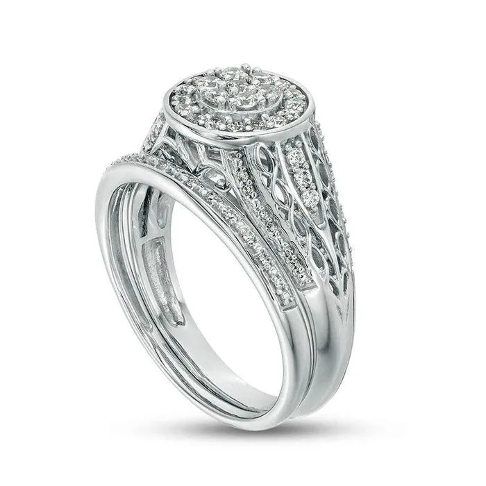 050 CT TW Composite Natural Diamond Double Frame Filigree Bridal Engagement Ring Set in Sterling Silver Goldia Rings 050 CT TW Composite Natural Diamond Double Frame Filigree Bridal Engagement Ring Set in Sterling Silver Goldia Rings