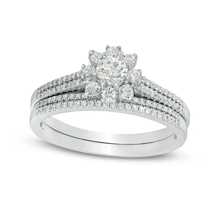 050 CT TW Natural Diamond Flower Frame Bridal Engagement Ring Set in Solid 10K White Gold Goldia Rings 050 CT TW Natural Diamond Flower Frame Bridal Engagement Ring Set in Solid 10K White Gold Goldia Rings