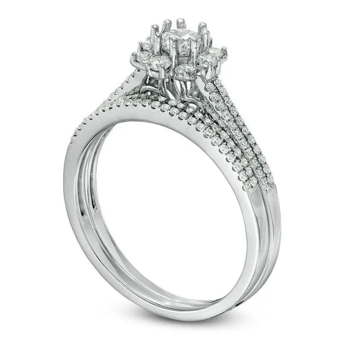 050 CT TW Natural Diamond Flower Frame Bridal Engagement Ring Set in Solid 10K White Gold Goldia Rings 050 CT TW Natural Diamond Flower Frame Bridal Engagement Ring Set in Solid 10K White Gold Goldia Rings