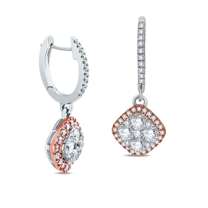 1 CT TW Composite Diamond Tilted Cushion Frame Drop Earrings in 10K TwoTone Gold Goldia Earrings