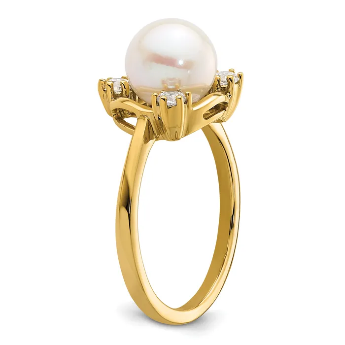 14k Yellow Gold 15 Ct Lab Grown Diamond VSSI G and 800 mm Round Freshwater Cultured Pearl Ring Goldia Rings