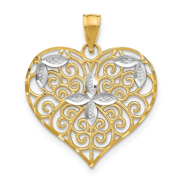 14k Yellow Rhodium Gold wRhodium CutOut Filigree Flower and Heart Charm Goldia Rings 14k Yellow Rhodium Gold wRhodium CutOut Filigree Flower and Heart Charm Goldia Rings