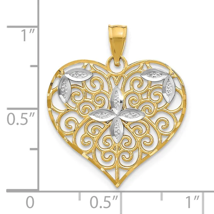 14k Yellow Rhodium Gold wRhodium CutOut Filigree Flower and Heart Charm Goldia Rings