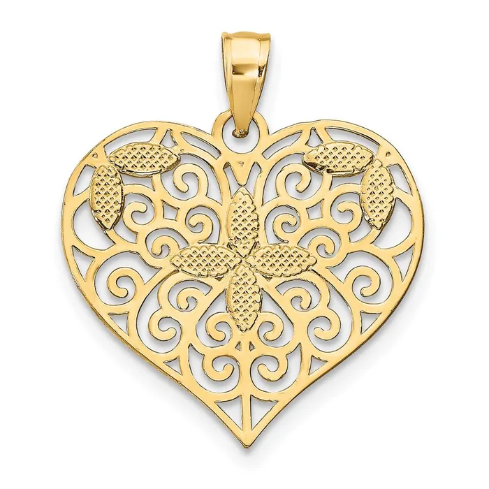 14k Yellow Rhodium Gold wRhodium CutOut Filigree Flower and Heart Charm Goldia Rings