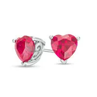 60mm HeartShaped LabCreated Ruby Solitaire with Scroll Side Accents Stud Earrings in Sterling Silver Goldia Earrings