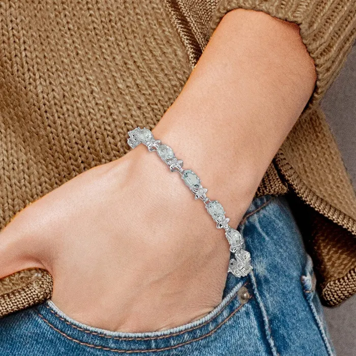 Bracelets 14k White Gold Floral Natural Diamond and Aquamarine Bracelet goldiaca
