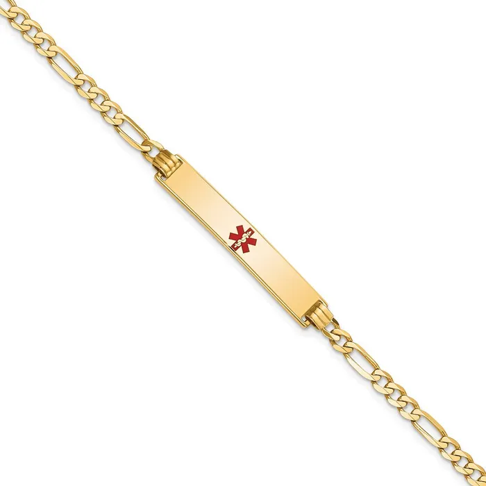 Bracelets MDS Solid 14K Yellow Gold Medical Red Enamel Flat Figaro Link ID Bracelet
