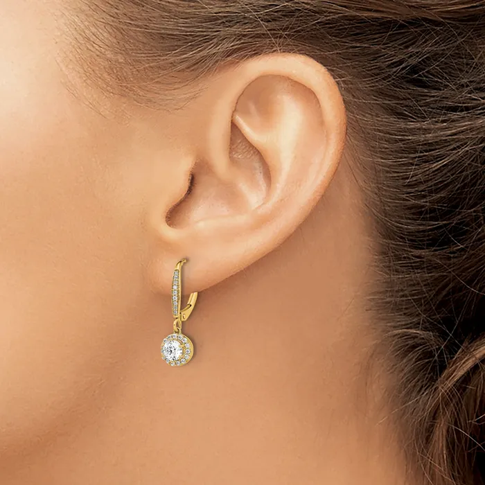 Earrings Goldia 14k Yellow Gold 1 Ct Lab Grown Diamond VSSI G Round Halo Drop Leverback Earrings
