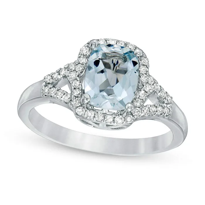 Elongated CushionCut Aquamarine and 020 CT TW Natural Diamond Frame Split Shank Ring in Solid 10K White Gold Goldia Rings Elongated CushionCut Aquamarine and 020 CT TW Natural Diamond Frame Split Shank Ring in Solid 10K White Gold Goldia Rings