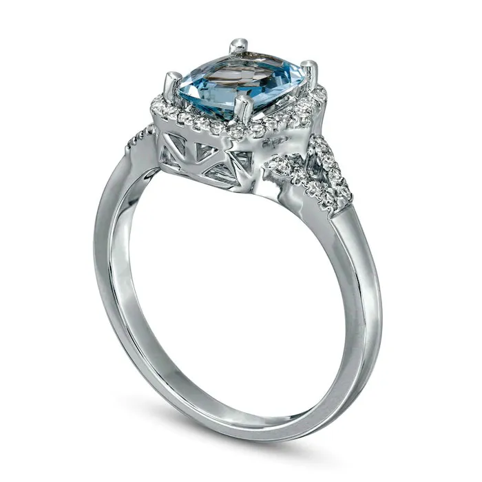 Elongated CushionCut Aquamarine and 020 CT TW Natural Diamond Frame Split Shank Ring in Solid 10K White Gold Goldia Rings Elongated CushionCut Aquamarine and 020 CT TW Natural Diamond Frame Split Shank Ring in Solid 10K White Gold Goldia Rings