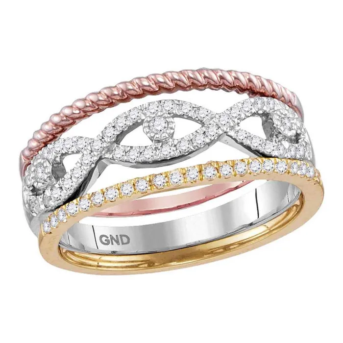 gndatlanta Rings 10k TriTone Gold Round Diamond Stackable Rope Band Ring 3Piece Set 13 Cttw gndatlanta Rings 10k TriTone Gold Round Diamond Stackable Rope Band Ring 3Piece Set 13 Cttw