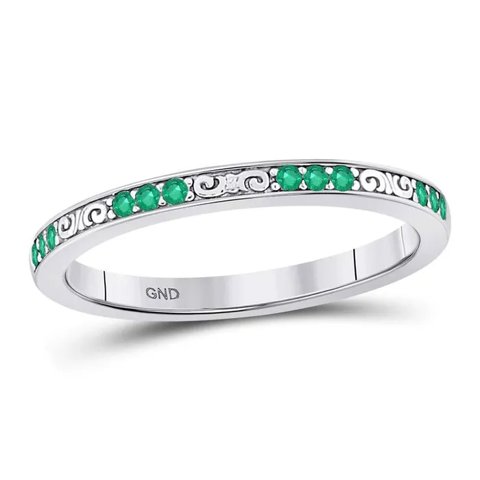 gndatlanta Rings 14kt White Gold Round Emerald Single Row Flourished Stackable Band Ring 18 Cttw