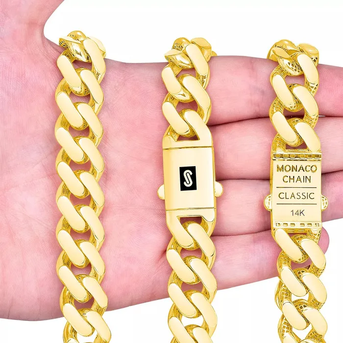 Goldiacom Bracelets 14k Yellow Gold Royal Monaco Miami Cuban Link 75mm Chain Bracelet Box Clasp 9