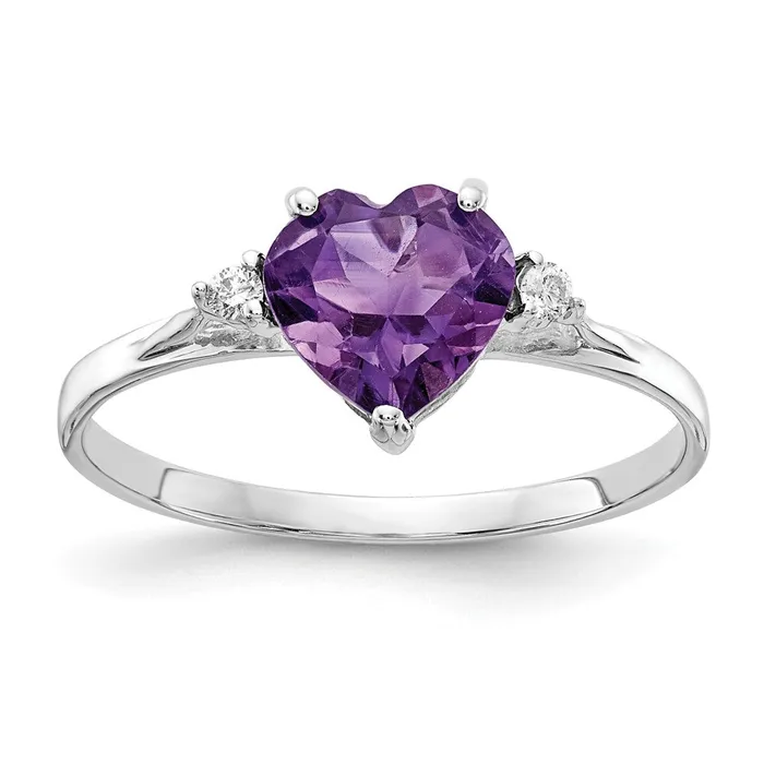 Goldiacom Rings 14k White Gold 7mm Heart Amethyst AAA Real Diamond ring