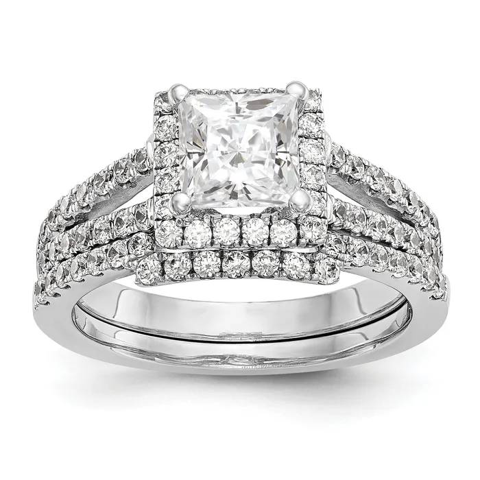 Goldiacom Rings 14K White Gold Diamond Princess CZ Halo Engagement Ring