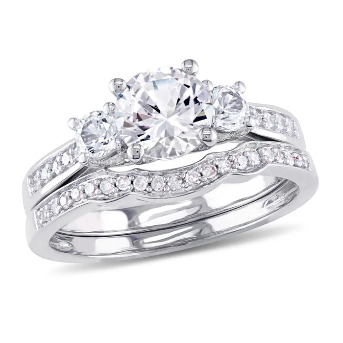Goldiacom Rings 60mm LabCreated White Sapphire and 18 CT TW Diamond Three Stone Bridal Engagement Ring Set in 14K White Gold Goldiacom Rings 60mm LabCreated White Sapphire and 18 CT TW Diamond Three Stone Bridal Engagement Ring Set in 14K White Gold