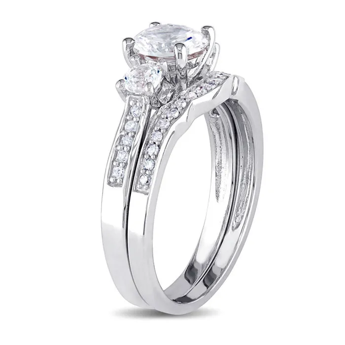 Goldiacom Rings 60mm LabCreated White Sapphire and 18 CT TW Diamond Three Stone Bridal Engagement Ring Set in 14K White Gold