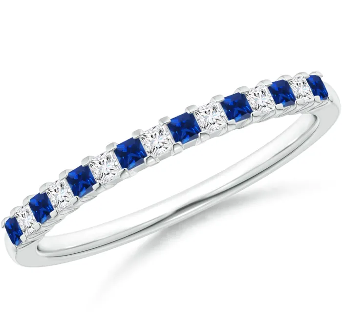 Goldiacom Rings Princess Cut Created Blue Sapphire u0026 CZ Half Eternity Wedding Band in 14K Yellow Gold Goldiacom Rings Princess Cut Created Blue Sapphire u0026 CZ Half Eternity Wedding Band in 14K Yellow Gold