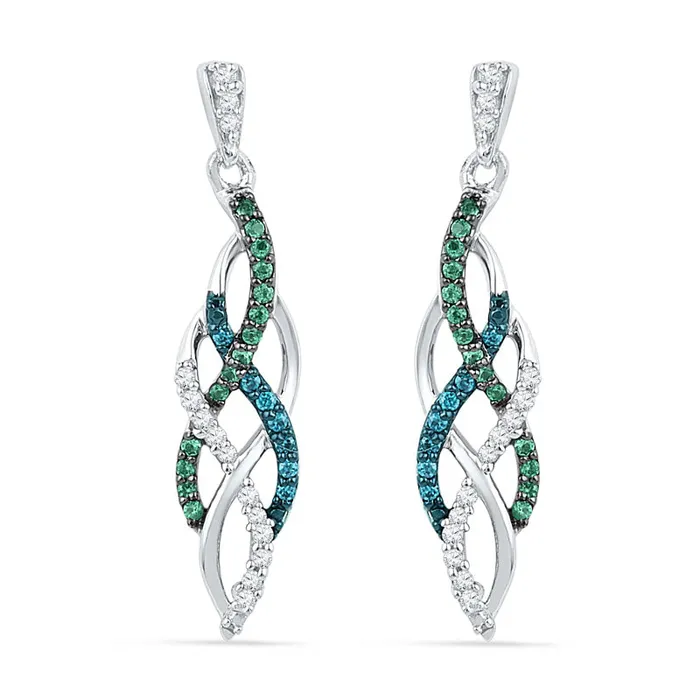 Goldia Earrings 025 CT TW Enhanced Blue Green and White Diamond Braided Drop Earrings in 10K White Gold