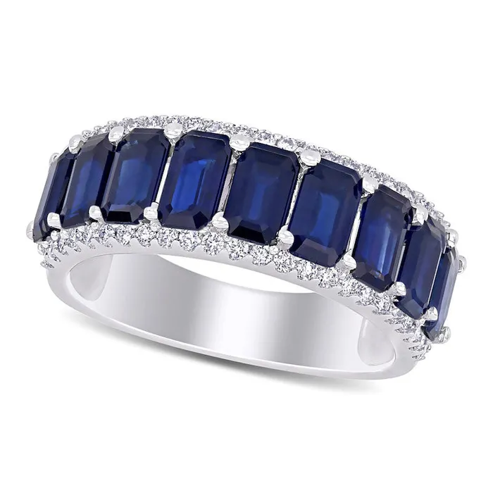 Goldia EmeraldCut Blue Sapphire and 025 CT TW Natural Diamond Edge Band in Solid 14K White Gold Rings Goldia EmeraldCut Blue Sapphire and 025 CT TW Natural Diamond Edge Band in Solid 14K White Gold Rings