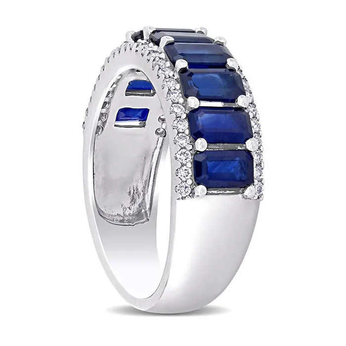 Goldia EmeraldCut Blue Sapphire and 025 CT TW Natural Diamond Edge Band in Solid 14K White Gold Rings Goldia EmeraldCut Blue Sapphire and 025 CT TW Natural Diamond Edge Band in Solid 14K White Gold Rings