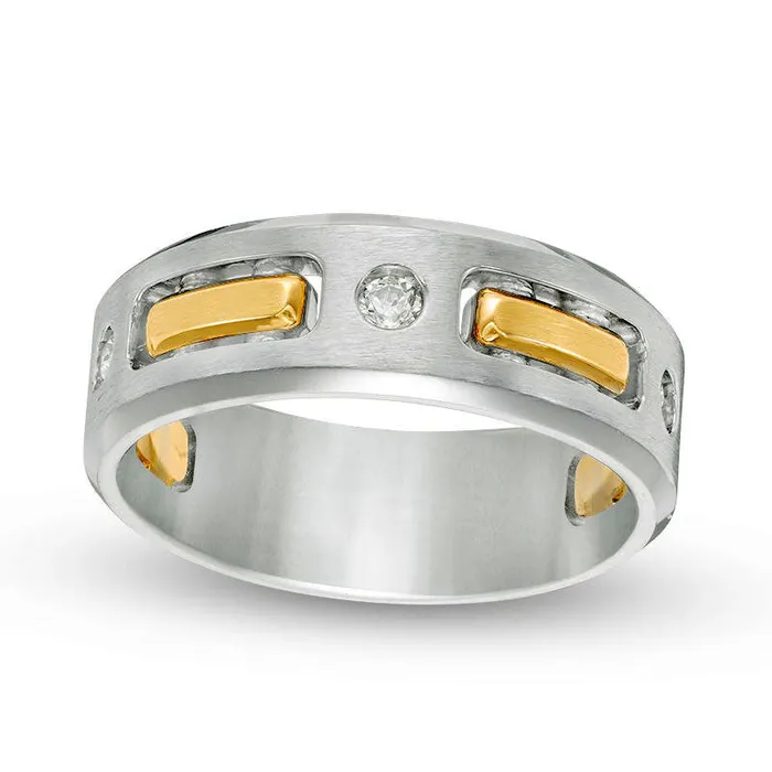 Goldia Mens 017 CT TW Natural Diamond Three Stone Striped Wedding Band in Solid 10K TwoTone Gold Rings Goldia Mens 017 CT TW Natural Diamond Three Stone Striped Wedding Band in Solid 10K TwoTone Gold Rings
