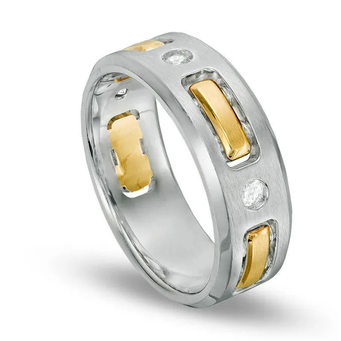 Goldia Mens 017 CT TW Natural Diamond Three Stone Striped Wedding Band in Solid 10K TwoTone Gold Rings Goldia Mens 017 CT TW Natural Diamond Three Stone Striped Wedding Band in Solid 10K TwoTone Gold Rings