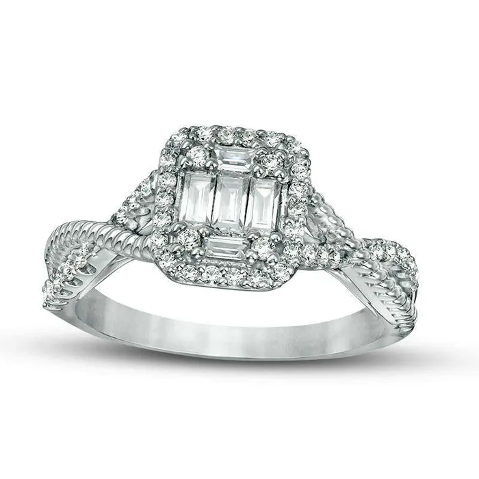 Goldia Rings 050 CT TW Baguette and Round Composite Natural Diamond Cushion Frame Twist Engagement Ring in Solid 14K White Gold Goldia Rings 050 CT TW Baguette and Round Composite Natural Diamond Cushion Frame Twist Engagement Ring in Solid 14K White Gold