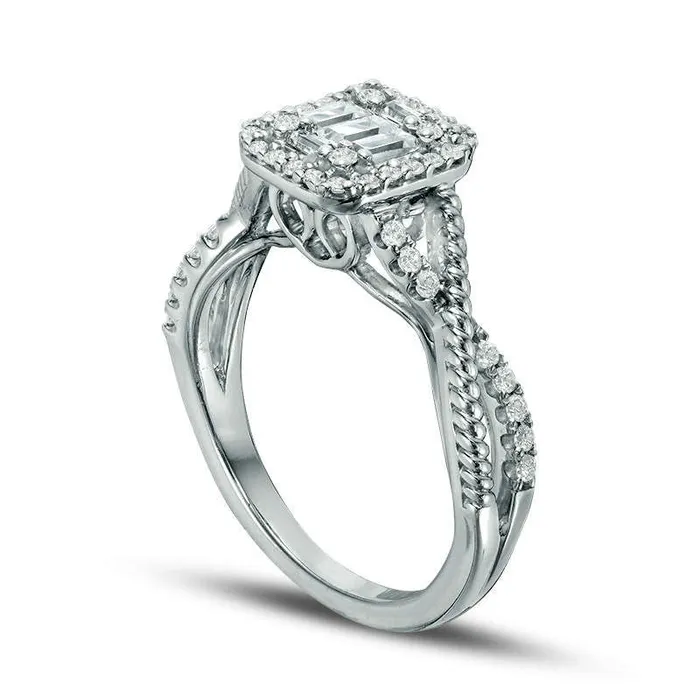 Goldia Rings 050 CT TW Baguette and Round Composite Natural Diamond Cushion Frame Twist Engagement Ring in Solid 14K White Gold Goldia Rings 050 CT TW Baguette and Round Composite Natural Diamond Cushion Frame Twist Engagement Ring in Solid 14K White Gold