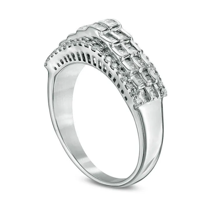 Goldia Rings 050 CT TW Baguette and Round Natural Diamond Four Row Band in Solid 10K White Gold Goldia Rings 050 CT TW Baguette and Round Natural Diamond Four Row Band in Solid 10K White Gold