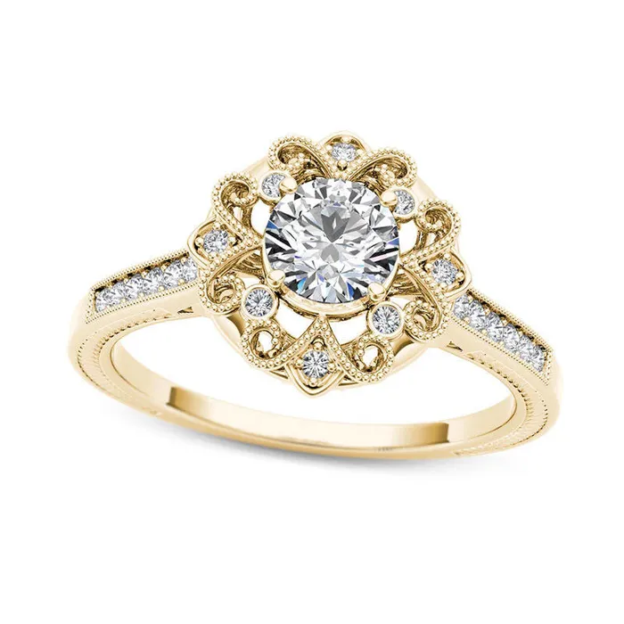 Goldia Rings 063 CT TW Natural Diamond Flower Frame Antique VintageStyle Engagement Ring in Solid 14K Gold