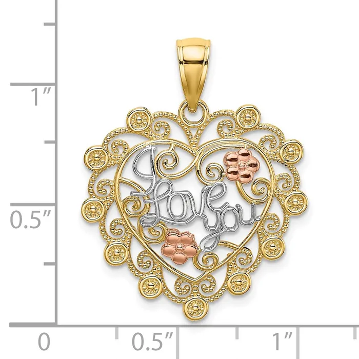Goldia Rings 14k Twotone Gold wWhite Rhodium I LOVE YOU Filigree Heart Flower Charm