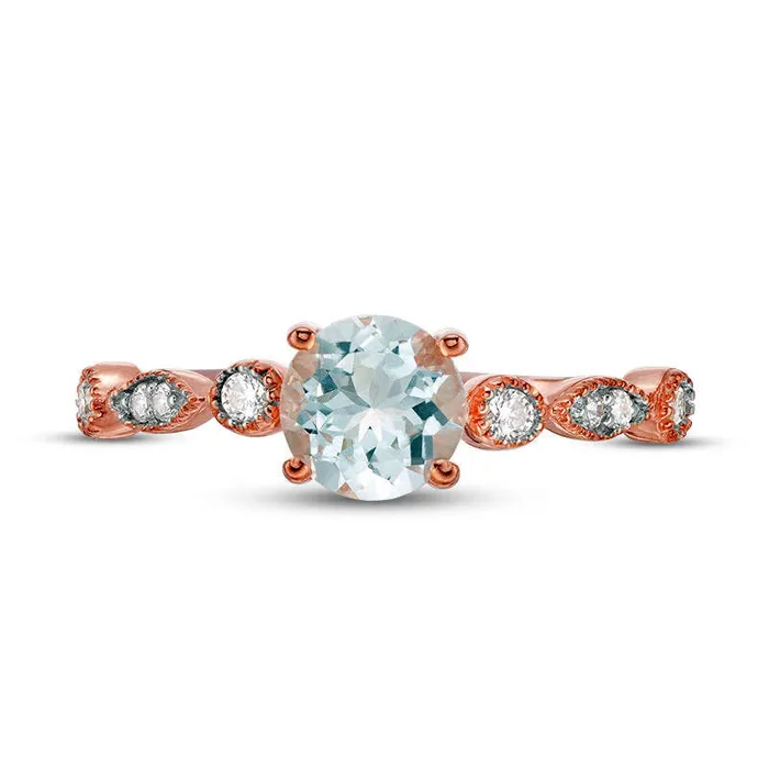 Goldia Rings 60mm Aquamarine and 010 CT TW Natural Diamond Antique VintageStyle Ring in Solid 10K Rose Gold Goldia Rings 60mm Aquamarine and 010 CT TW Natural Diamond Antique VintageStyle Ring in Solid 10K Rose Gold
