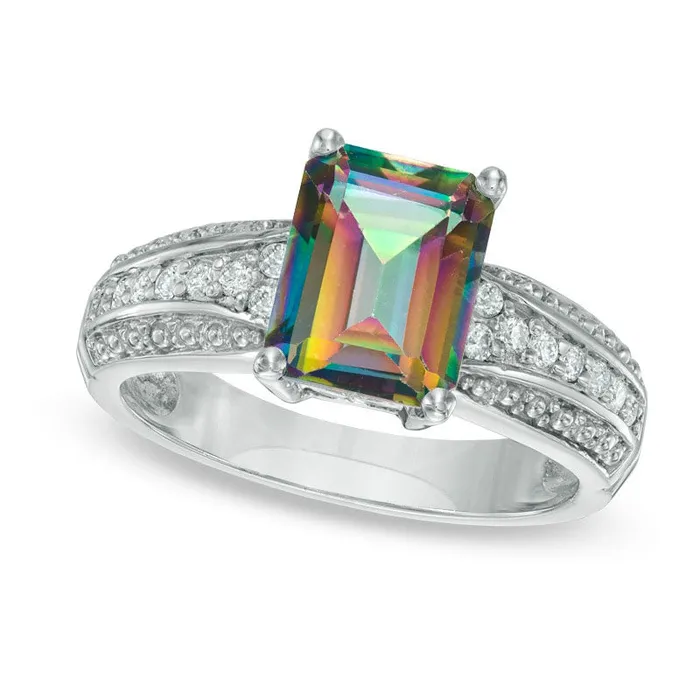 Goldia Rings EmeraldCut Mystic Fire Topaz and 017 CT TW Natural Diamond Ring in Solid 10K White Gold Goldia Rings EmeraldCut Mystic Fire Topaz and 017 CT TW Natural Diamond Ring in Solid 10K White Gold