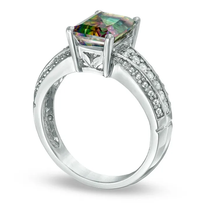 Goldia Rings EmeraldCut Mystic Fire Topaz and 017 CT TW Natural Diamond Ring in Solid 10K White Gold Goldia Rings EmeraldCut Mystic Fire Topaz and 017 CT TW Natural Diamond Ring in Solid 10K White Gold