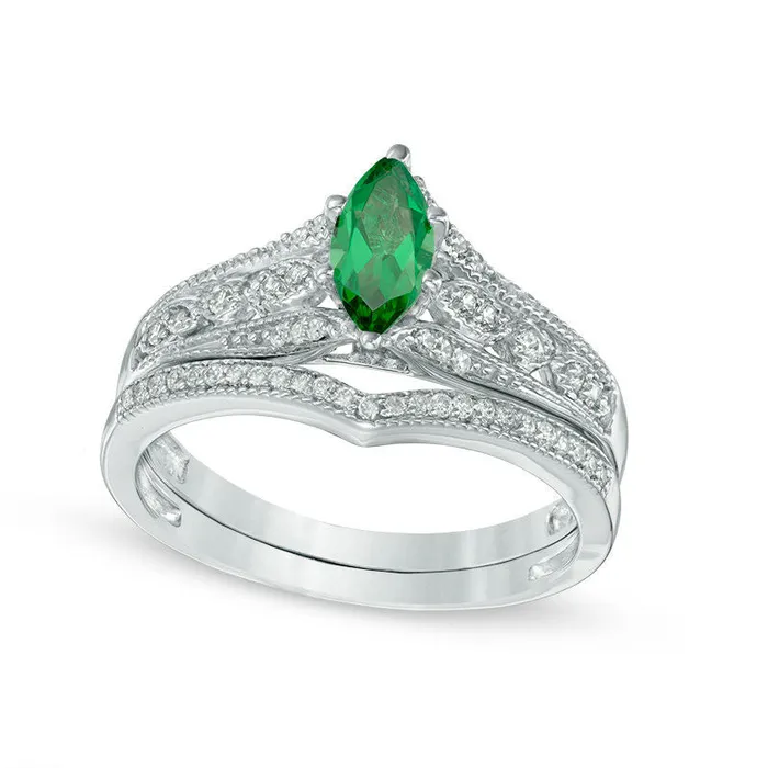 Goldia Rings Marquise LabCreated Emerald and 020 CT TW Diamond Antique VintageStyle Bridal Engagement Ring Set in Solid 10K White Gold Goldia Rings Marquise LabCreated Emerald and 020 CT TW Diamond Antique VintageStyle Bridal Engagement Ring Set in Solid 10K White Gold