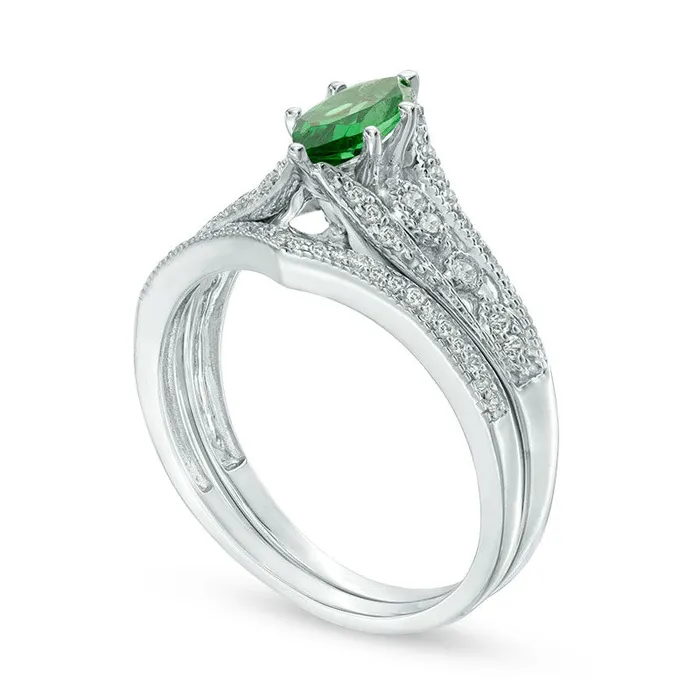 Goldia Rings Marquise LabCreated Emerald and 020 CT TW Diamond Antique VintageStyle Bridal Engagement Ring Set in Solid 10K White Gold Goldia Rings Marquise LabCreated Emerald and 020 CT TW Diamond Antique VintageStyle Bridal Engagement Ring Set in Solid 10K White Gold