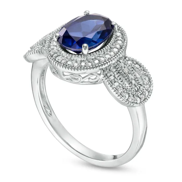 Goldia Rings Oval LabCreated Blue Sapphire and 007 CT TW Diamond Antique VintageStyle Buckle Loop Ring in Sterling Silver Goldia Rings Oval LabCreated Blue Sapphire and 007 CT TW Diamond Antique VintageStyle Buckle Loop Ring in Sterling Silver