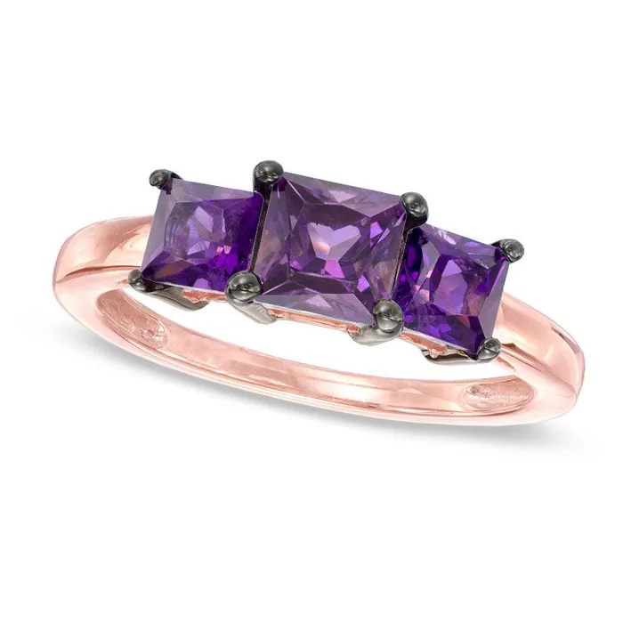 Goldia Rings PrincessCut Amethyst Three Stone Ring in Solid 10K Rose Gold Goldia Rings PrincessCut Amethyst Three Stone Ring in Solid 10K Rose Gold