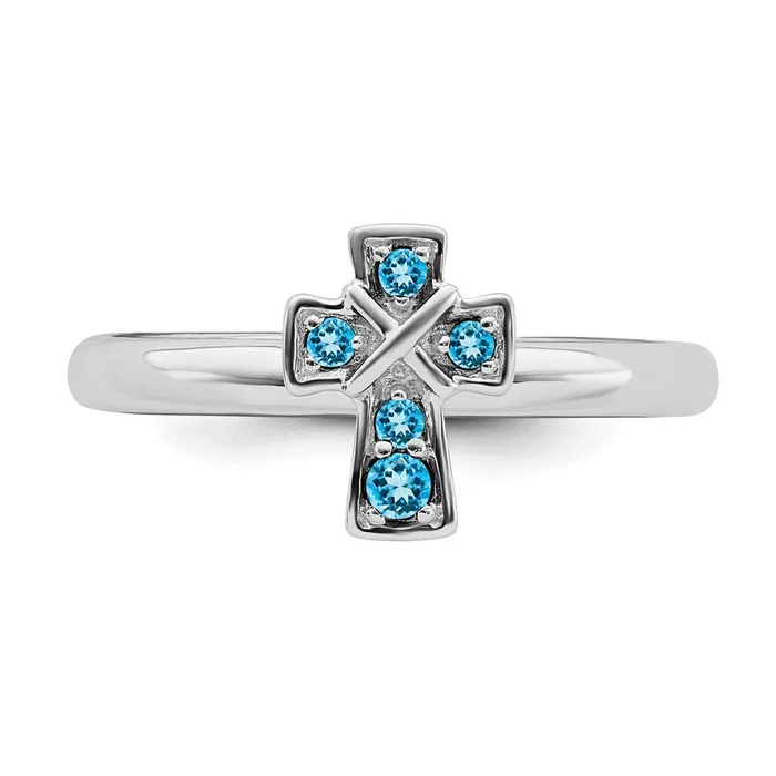 Goldia Rings Sterling Silver Stackable Expressions Rhodium Blue Topaz Cross Ring