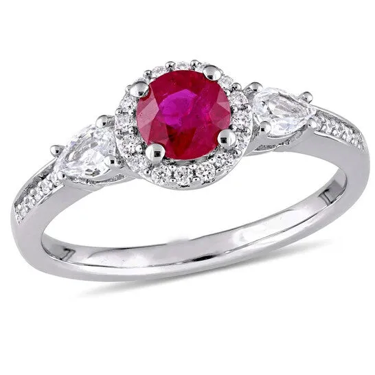JMS always Rings Original Amour Ruby White Sapphire 3Stone Ring with Diamond Halo Accent in 14k White Gold JMS always Rings Original Amour Ruby White Sapphire 3Stone Ring with Diamond Halo Accent in 14k White Gold