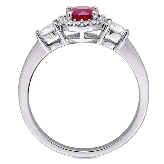 JMS always Rings Original Amour Ruby White Sapphire 3Stone Ring with Diamond Halo Accent in 14k White Gold JMS always Rings Original Amour Ruby White Sapphire 3Stone Ring with Diamond Halo Accent in 14k White Gold